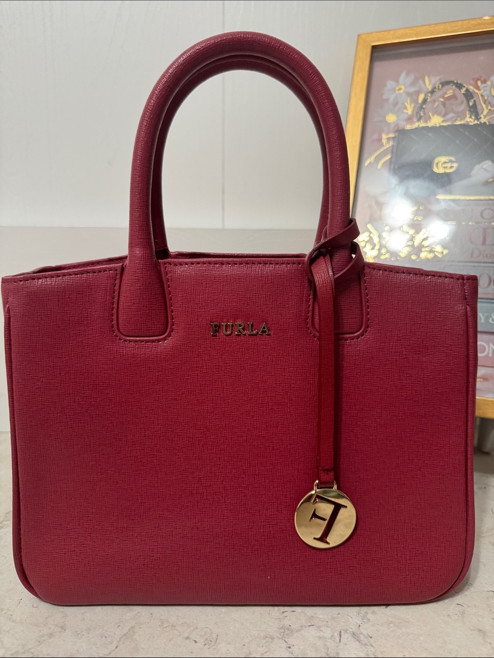 Furla raspberry red Structured Leather Satchel with crossbody